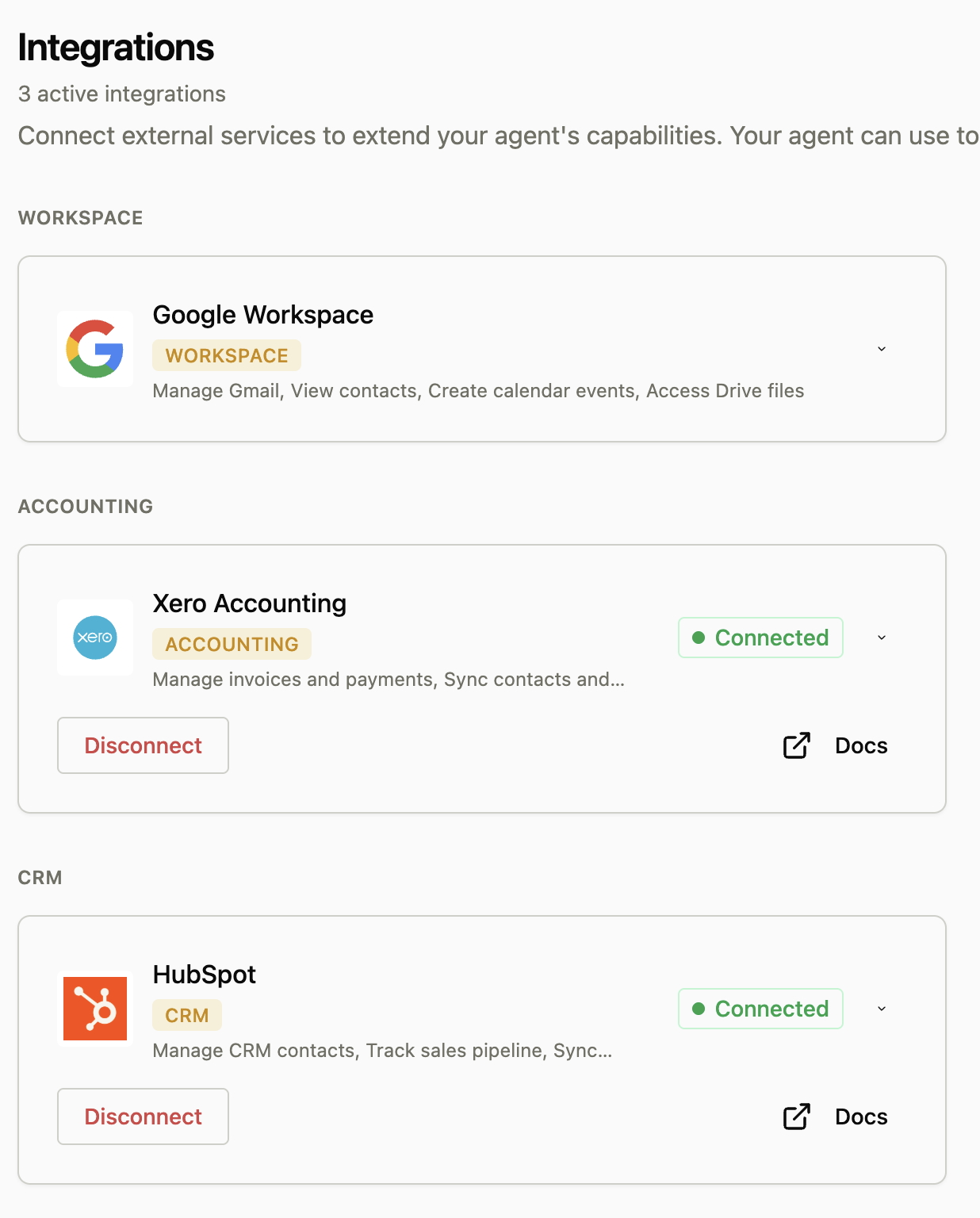 Integrations page showing Xero and HubSpot connected