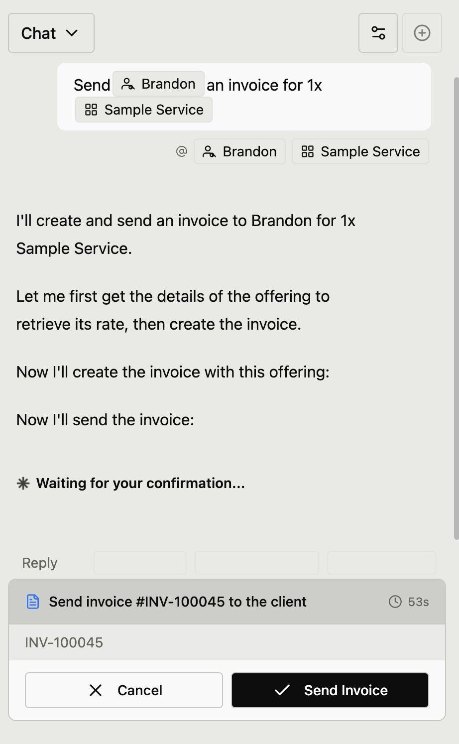Confirmation dialog showing the agent asking for permission before sending an invoice