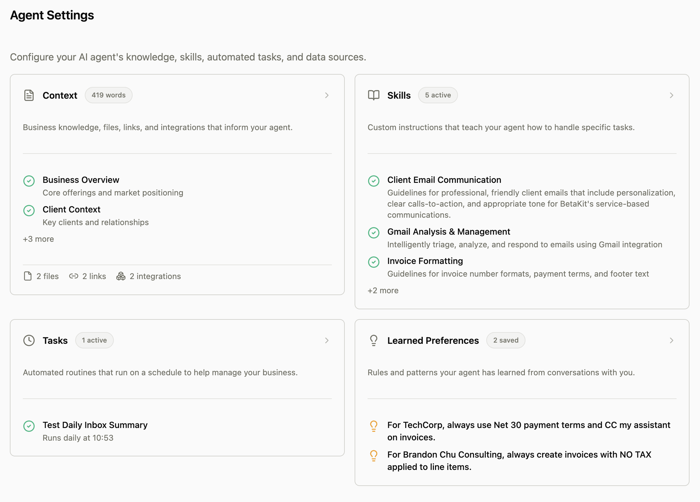 Centralized Agent Settings page showing skills, tasks, and preferences tabs