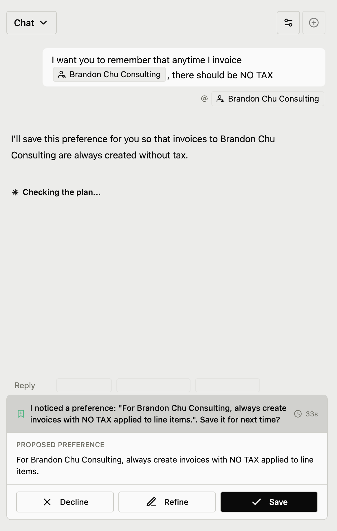 Learned preference confirmation dialog with options to save, refine, or decline