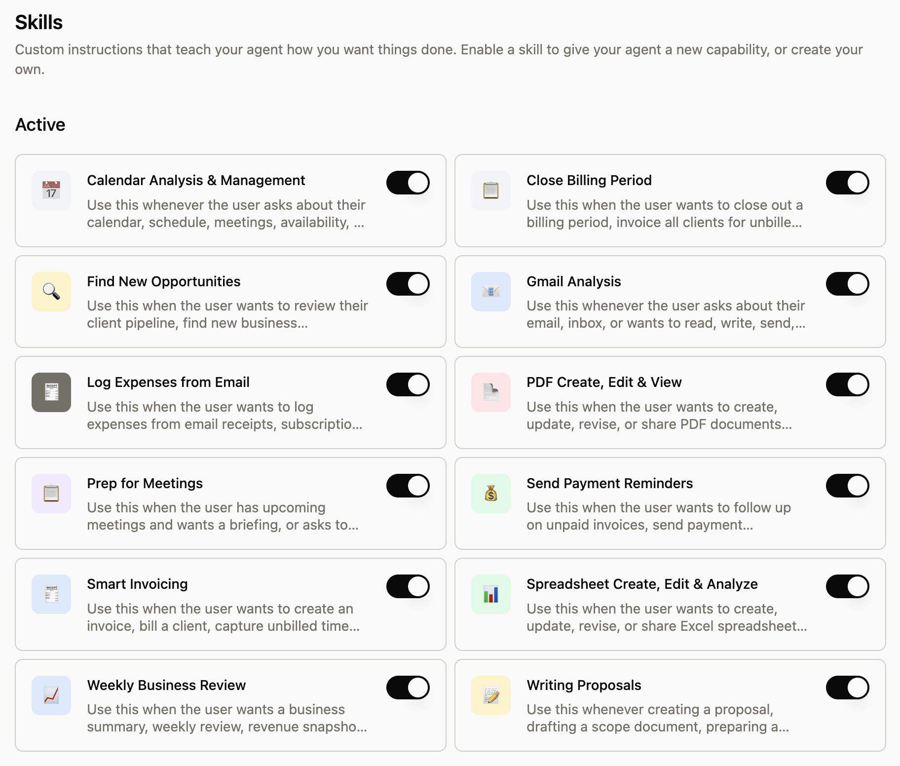 Skills library showing 10+ ready-to-use skills