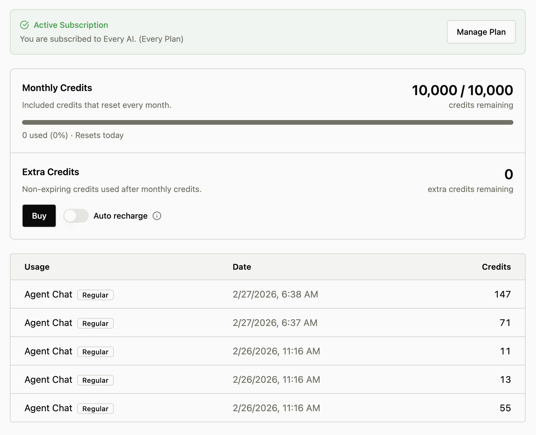 AI Credits billing settings showing credit balance, usage log, and purchase options