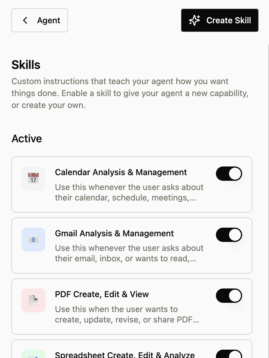 Custom Skills Builder page showing skill cards with toggle controls