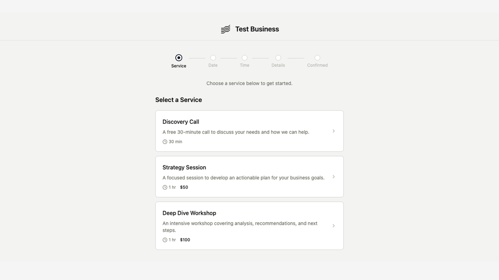 Client booking page showing available services