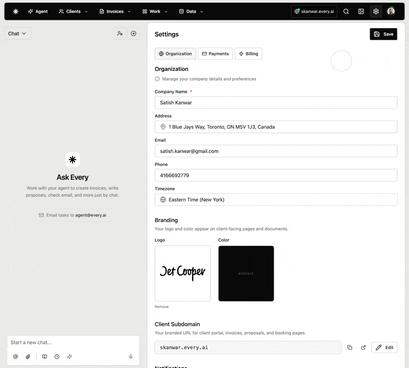 Subdomain settings in the Settings page
