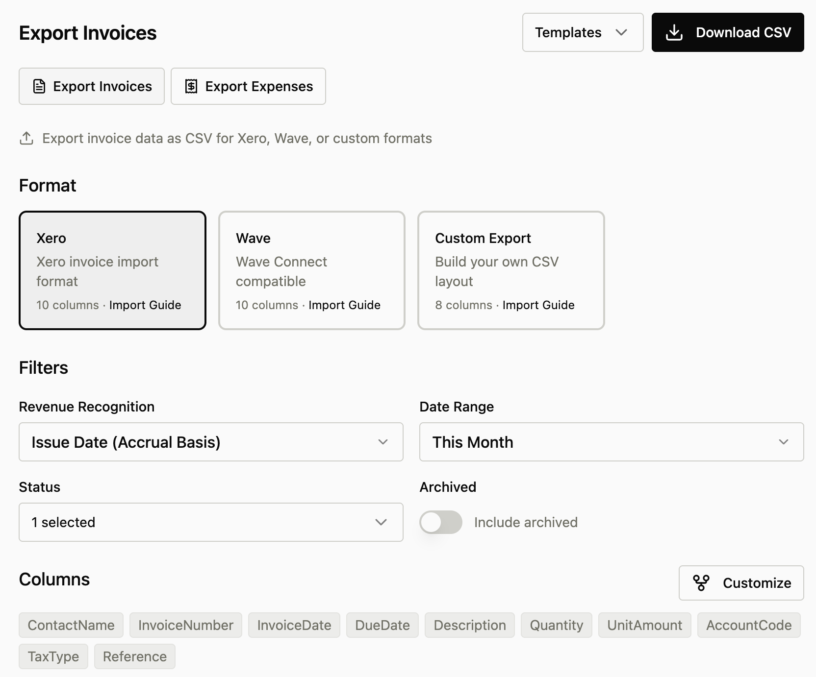 Data export page with field selection and presets