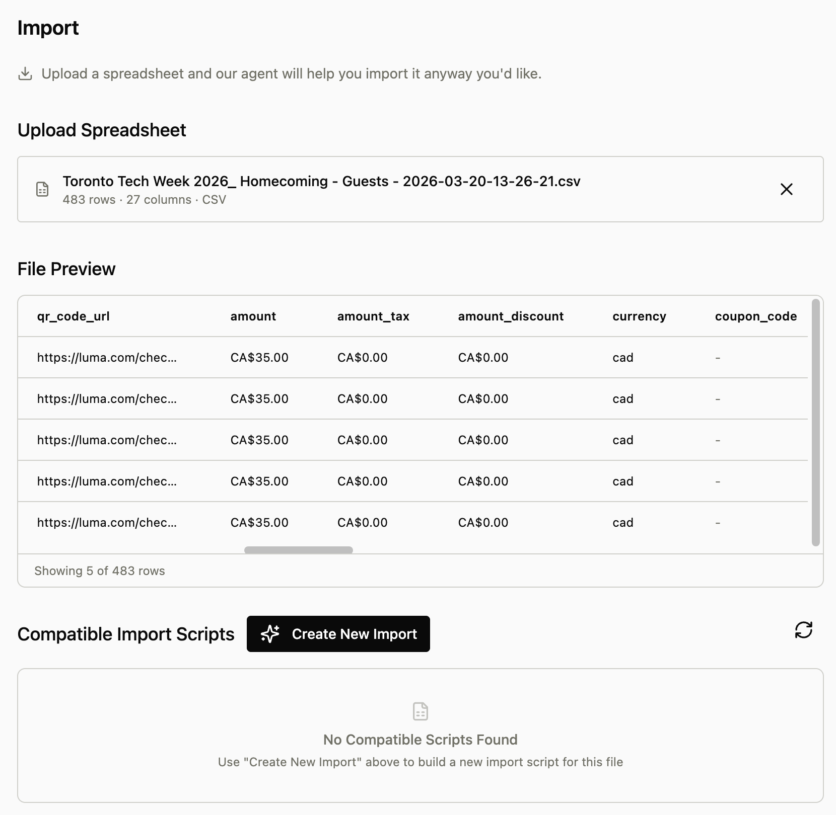Data import page with file upload and saved scripts