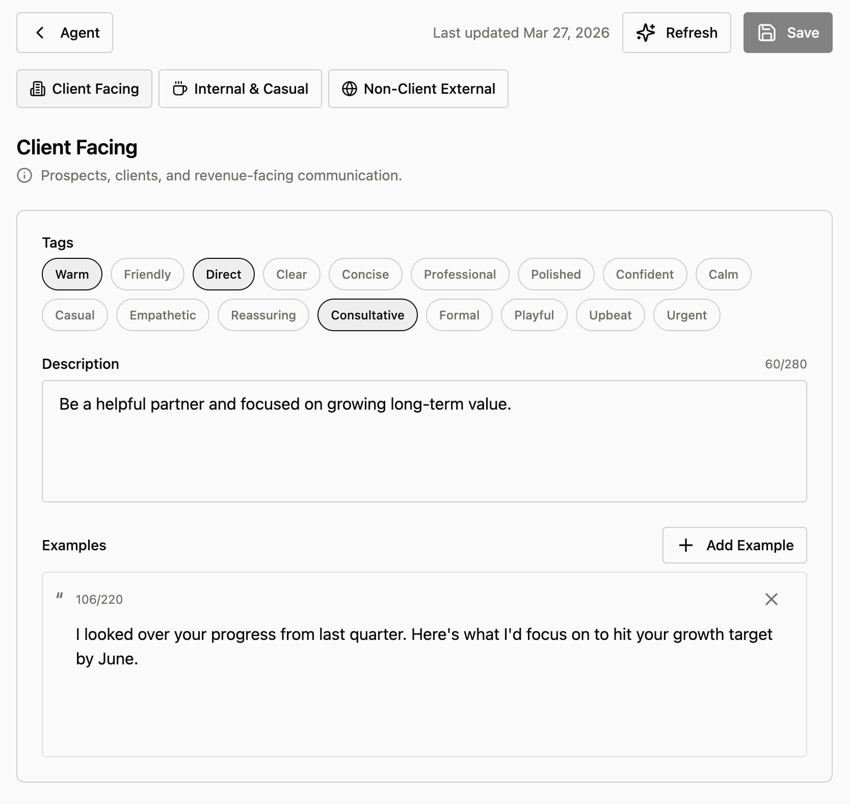 Voice and tone settings with audience tabs and tone tags