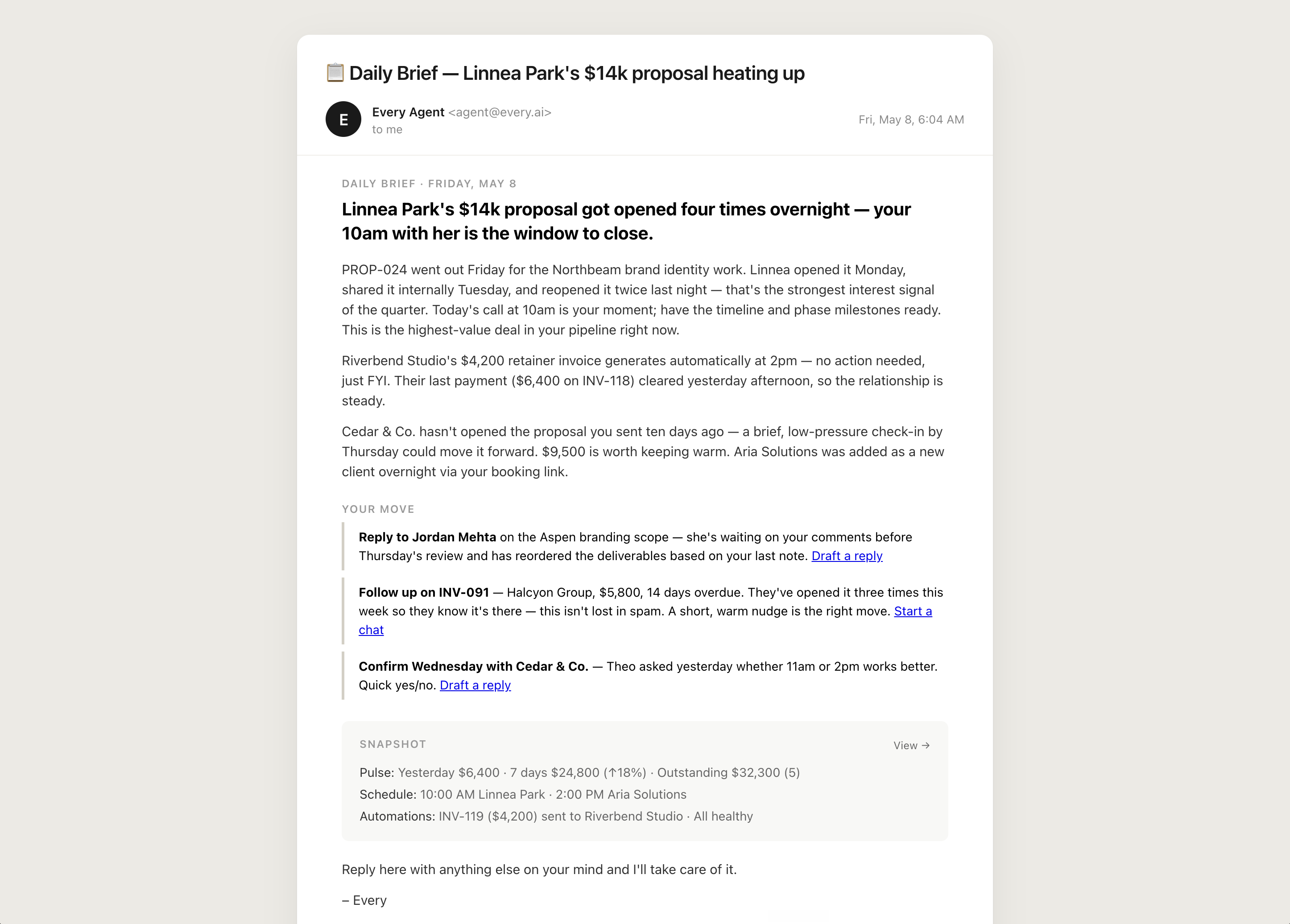 Daily Brief morning email cross-referencing invoices, proposals, payments, and calendar