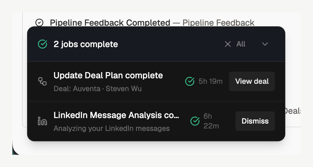 Background jobs widget showing completed agent jobs