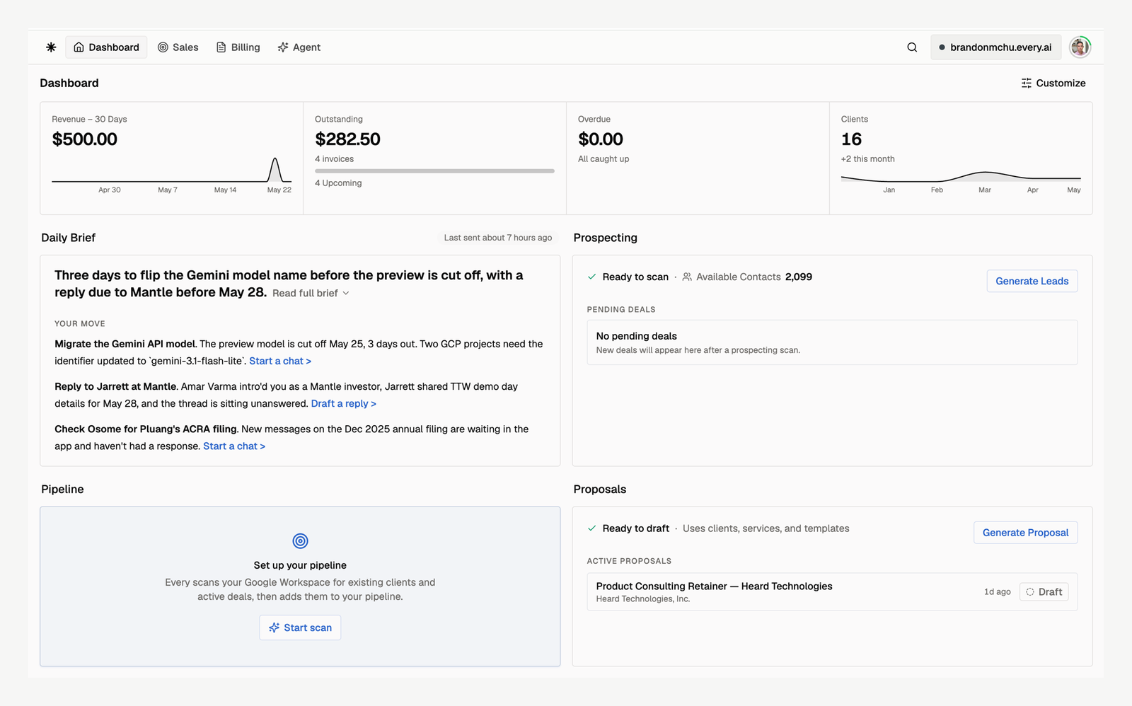 Dashboard with Daily Brief, Prospecting, Pipeline, and Proposals widgets