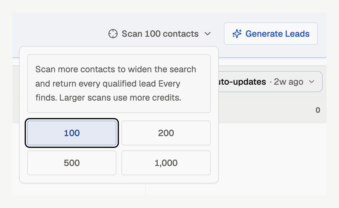 Scan size options: 100, 200, 500, or 1,000 contacts