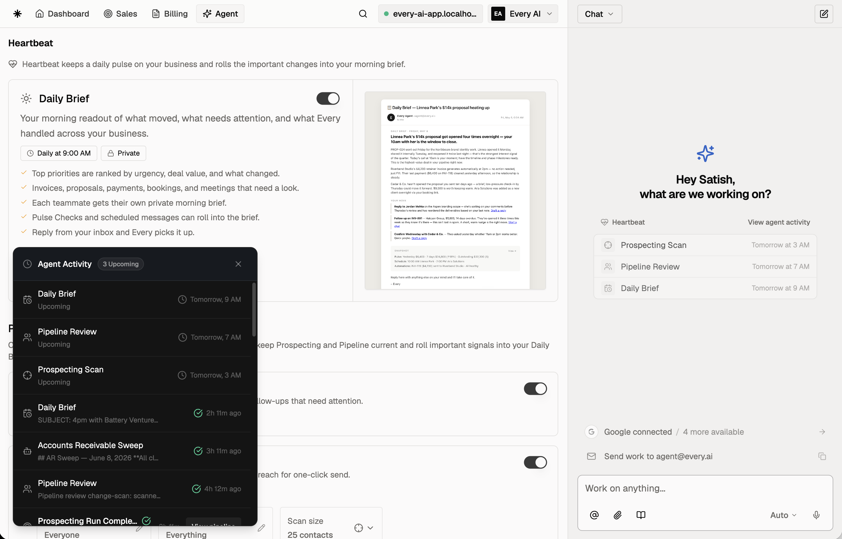 The Heartbeat page with daily routines: Daily Brief, pipeline review, and prospecting