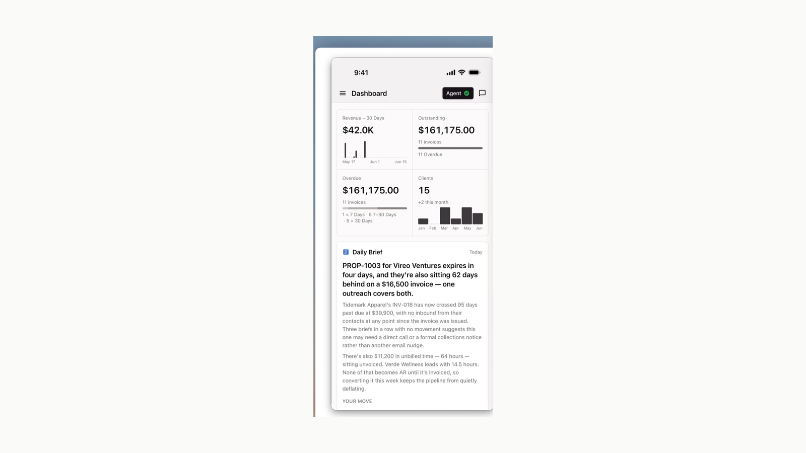 Every's Dashboard on iPhone, showing revenue, outstanding invoices, and the Daily Brief