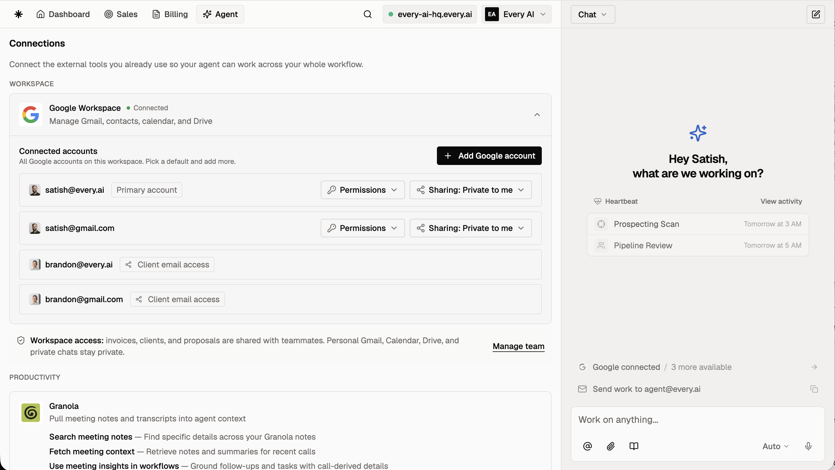 The Connections page with multiple Google accounts connected, including teammates' shared accounts