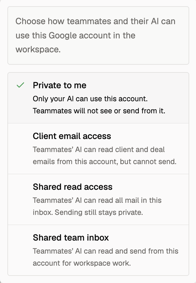 Per-account sharing options: Private to me, Client email access, Shared read access, and Shared team inbox