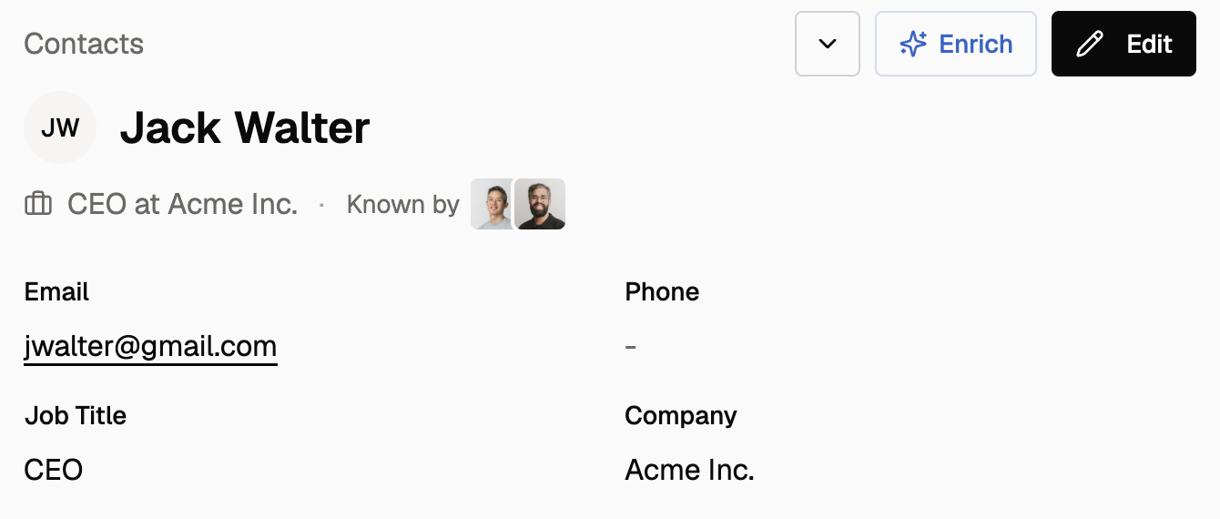 A contact showing the Known by row with teammate avatars