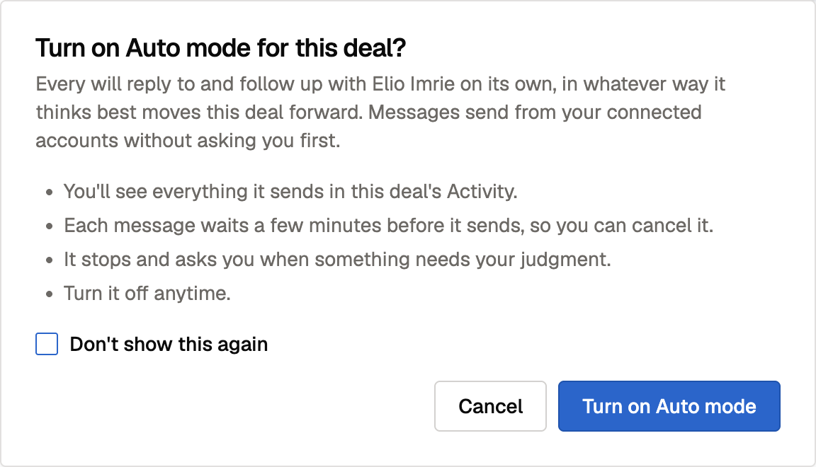 The confirmation shown before turning on Auto mode for a deal