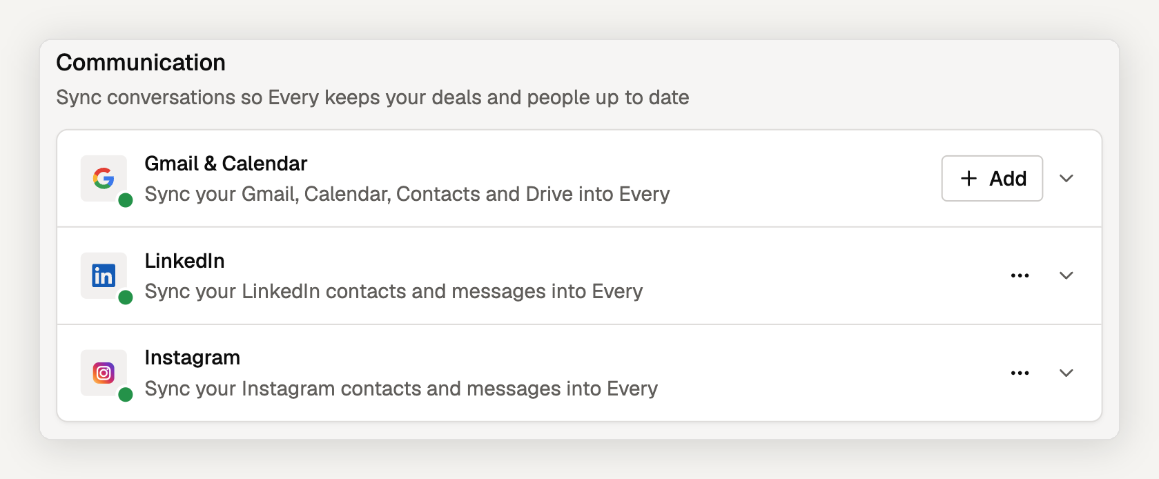 The Communication section of Connections with Gmail and Calendar, LinkedIn and Instagram all connected