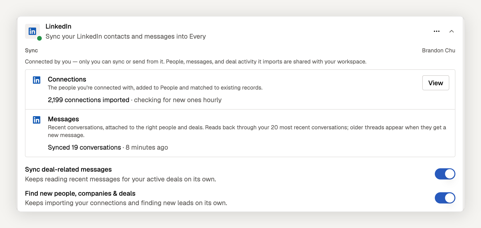 LinkedIn connection details showing imported connections, synced conversations and the deal sync switches