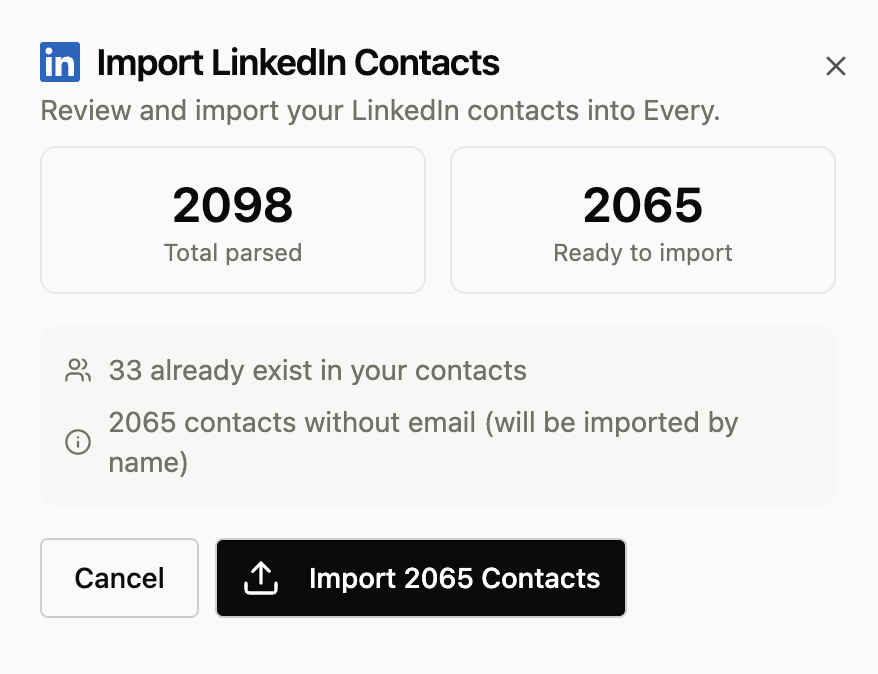 LinkedIn contacts import preview