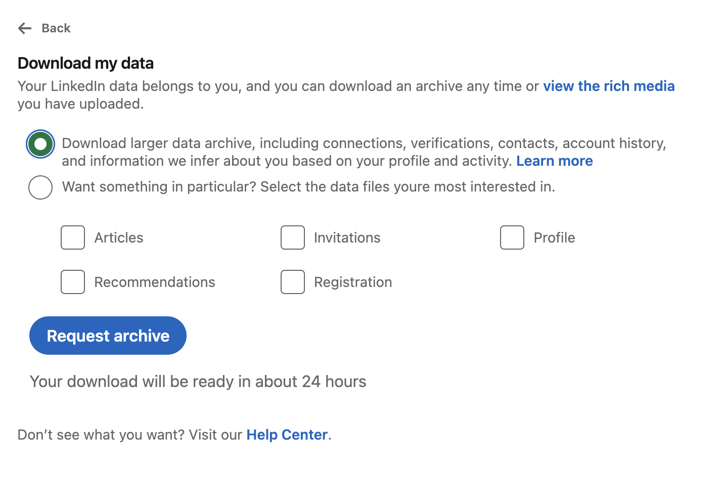 LinkedIn download data page